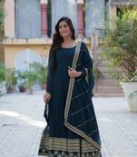 Teal blue faux georgette fabric designer multy sequins embroidery work partywear gown with dupatta