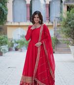 Red faux georgette fabric designer multy sequins embroidery work partywear gown with dupatta