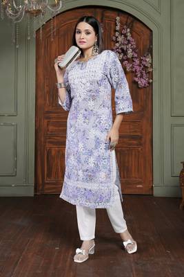 Lavender cotton fabric digital printed with chikankari embroidery work kurta set 1
