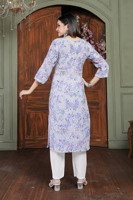 Lavender cotton fabric digital printed with chikankari embroidery work kurta set 3