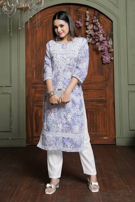 Lavender cotton fabric digital printed with chikankari embroidery work kurta set 5