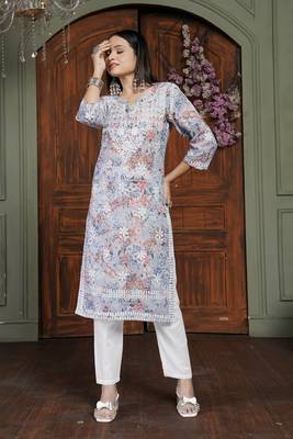 Orange cotton fabric digital printed with chikankari embroidery work kurta set 1