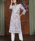 Orange cotton fabric digital printed with chikankari embroidery work kurta set