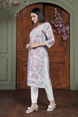 Orange cotton fabric digital printed with chikankari embroidery work kurta set 5