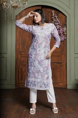 Pink cotton fabric digital printed with chikankari embroidery work kurta set 1