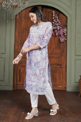 Pink cotton fabric digital printed with chikankari embroidery work kurta set 5