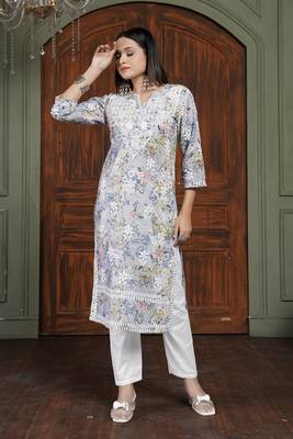 Yellow cotton fabric digital printed with chikankari embroidery work kurta set 1