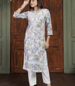Yellow cotton fabric digital printed with chikankari embroidery work kurta set