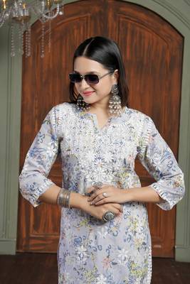 Yellow cotton fabric digital printed with chikankari embroidery work kurta set 4