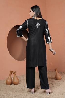 Black rayon fabric chikankari embroidery work ceremonial kurta set 3