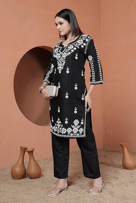 Black rayon fabric chikankari embroidery work ceremonial kurta set 5