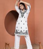 White rayon fabric chikankari embroidery work ceremonial kurta set