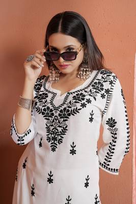 White rayon fabric chikankari embroidery work ceremonial kurta set 4