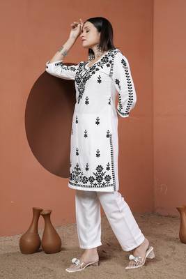 White rayon fabric chikankari embroidery work ceremonial kurta set 5