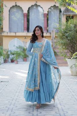 Sky blue beautiful designer sequance embroidery work heavy partywear gown with dupatta 1