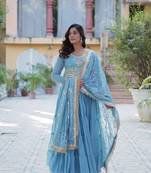 Sky blue beautiful designer sequance embroidery work heavy partywear gown with dupatta