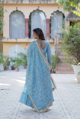 Sky blue beautiful designer sequance embroidery work heavy partywear gown with dupatta 3
