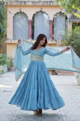 Sky blue beautiful designer sequance embroidery work heavy partywear gown with dupatta 5