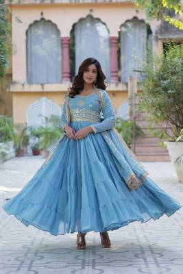 Sky blue beautiful designer sequance embroidery work heavy partywear gown with dupatta 6