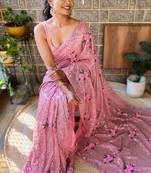 Baby pink georgette embroidery and sequin work saree with blouse piece 