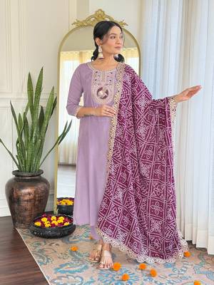 Lavender bsy viscoce fabric embroidery work with printed readymade suit 1