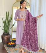 Lavender bsy viscoce fabric embroidery work with printed readymade suit