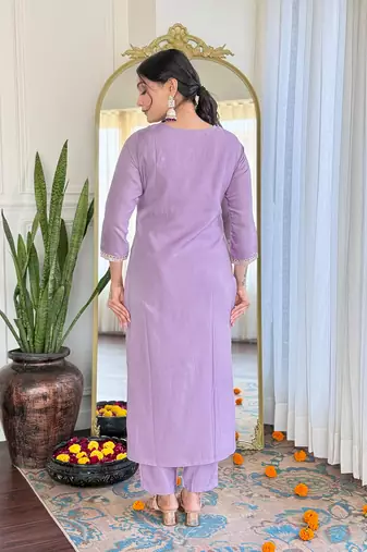 Lavender bsy viscoce fabric embroidery work with printed readymade suit