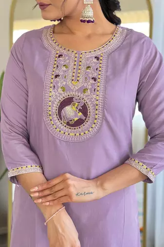 Lavender bsy viscoce fabric embroidery work with printed readymade suit