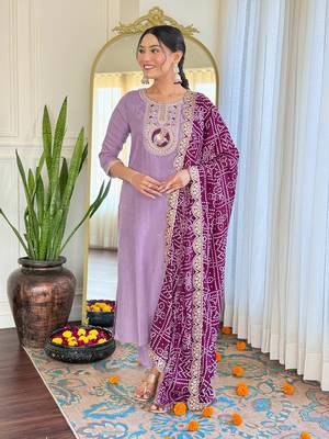 Lavender bsy viscoce fabric embroidery work with printed readymade suit 4