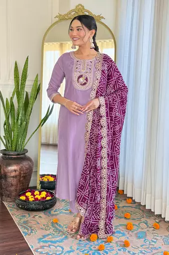 Lavender bsy viscoce fabric embroidery work with printed readymade suit