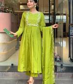Green chinon fabric embroidery work readymade suit