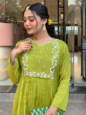 Green chinon fabric embroidery work readymade suit 3