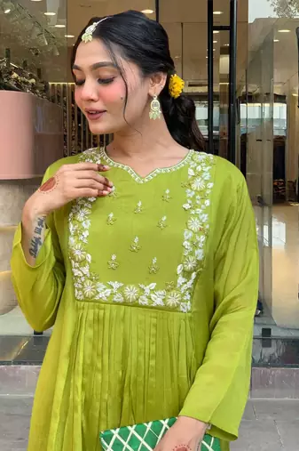 Green chinon fabric embroidery work readymade suit