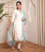 Off white chanderi cotton fabric ceremonial wear salwar kameez