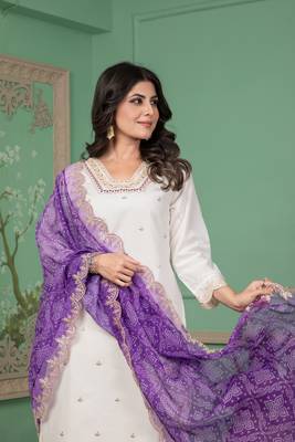Off white roman silk fabric ceremonial wear salwar kameez 3