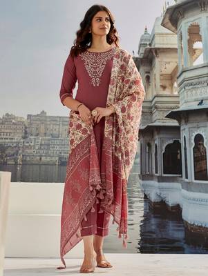 Brown cotton silk fabric ceremonial wear salwar kameez 1
