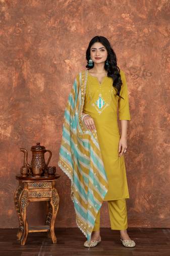 Mustard chanderi cotton fabric ceremonial wear salwar kameez