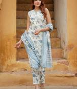 Blue cotton slub embroidered printed salwar kameez