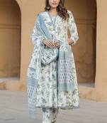 Blue cotton slub embroidered printed salwar kameez