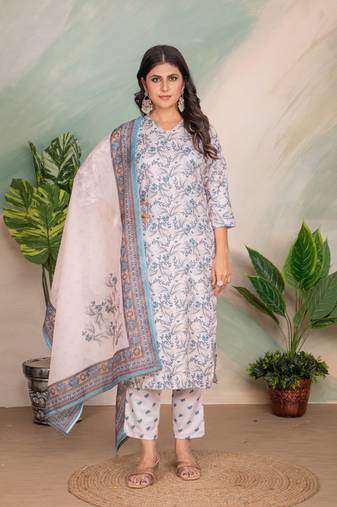 Off white rayon slub fabric beautiful printed salwar kameez