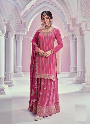 Pink embroidered chinon fabric sharara dress 1