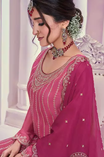 Pink embroidered chinon fabric sharara dress