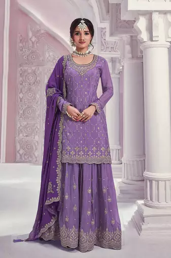 Violet designer embroidered chinon fabric sharara dress