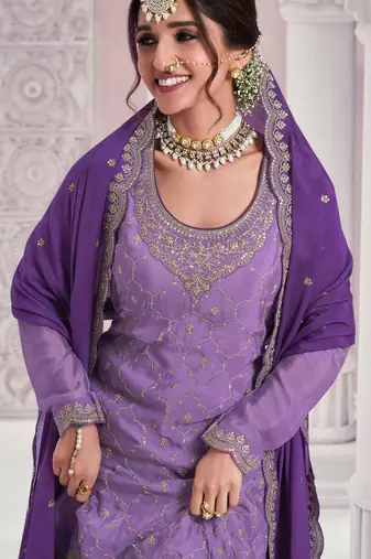 Violet embroidered chinon fabric sharara dress