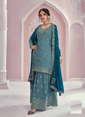 Blue embroidered chinon fabric sharara dress 1
