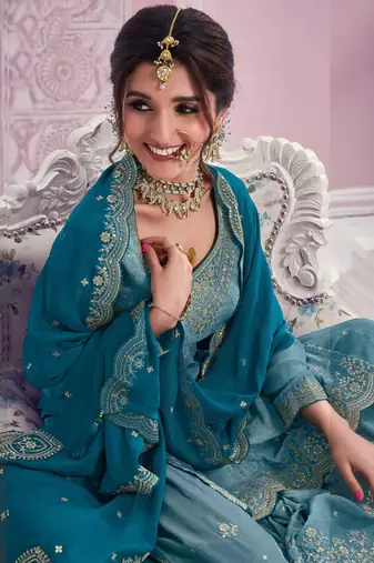 Blue embroidered chinon fabric sharara dress