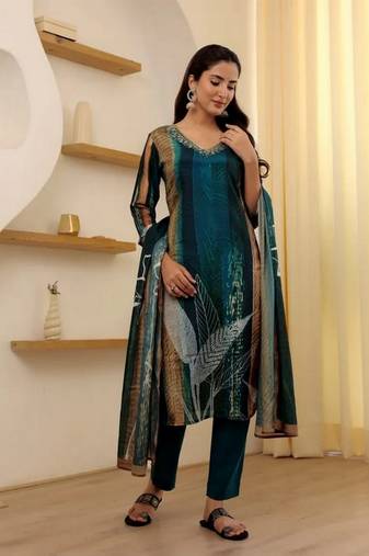 Teal rayon slub fabric printed with embroidery work ceremonial salwar kameez