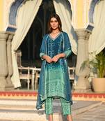 Blue chinon fabric printed with embroidery work ceremonial salwar kameez