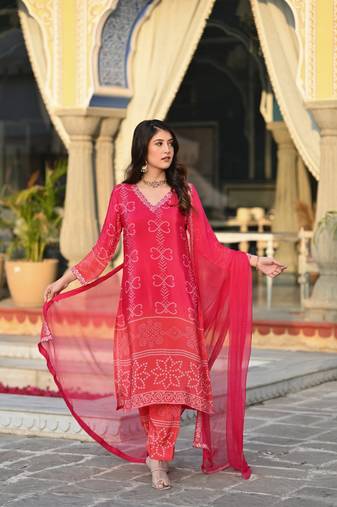 Pink chinon fabric printed with embroidery work ceremonial salwar kameez