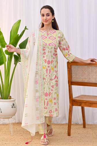 Cream rayon slub fabric printed with embroidery work ceremonial salwar kameez